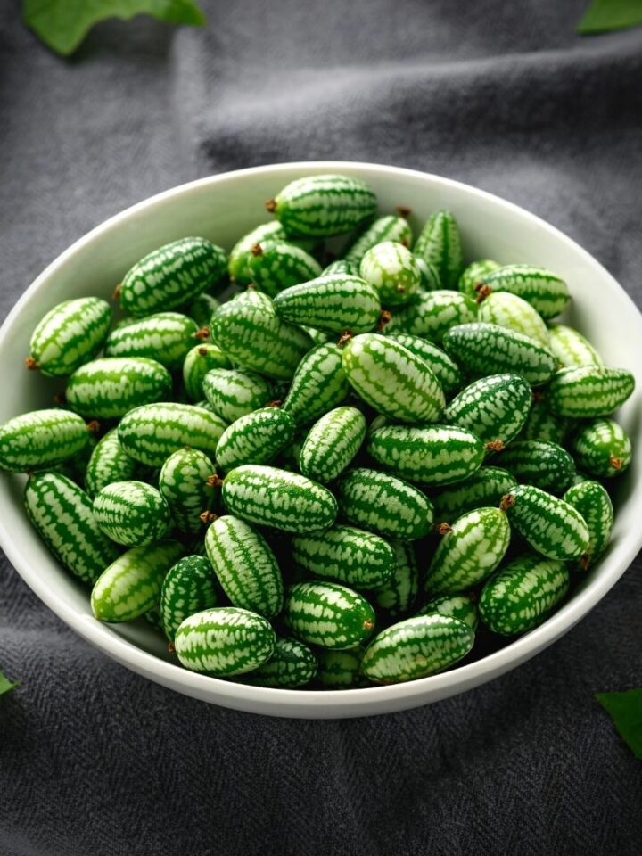 White bowl of little oblong green cucamelons.