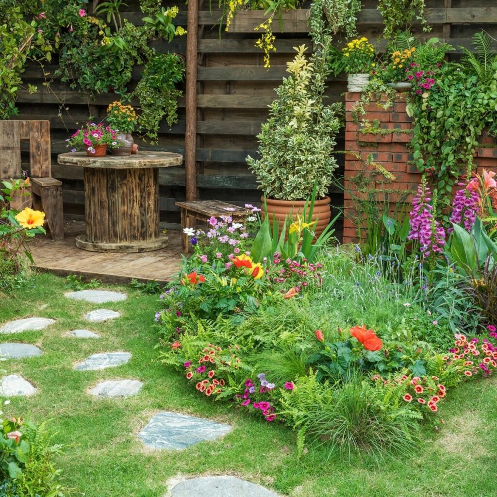 Flower garden with a stone pathway.