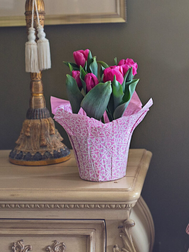 a pot of tulips growing inside in a pot
