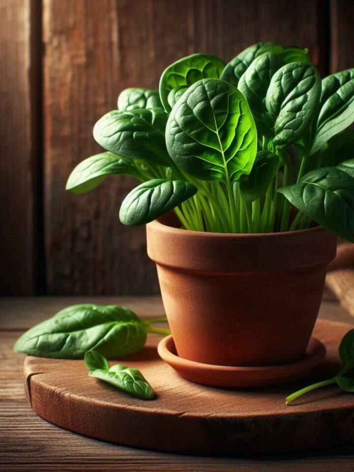 spinach growing indoors in a terra cotta pot