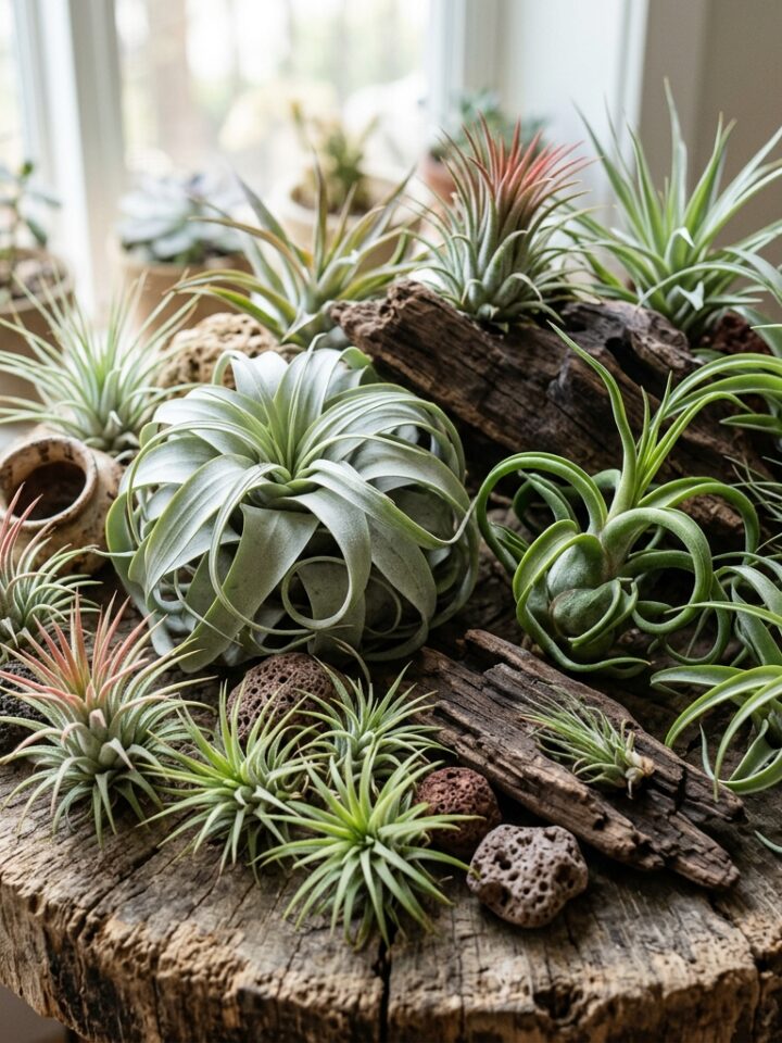 airplants on a cut log