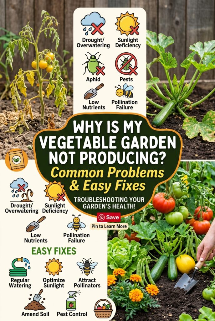 Is your vegetable garden full of healthy plants but barely producing vegetables? 🌱 Discover the most common reasons your garden isn't producing—and the simple fixes that can help. From poor soil and watering problems to pollination, pests, sunlight, and plant support, these practical gardening tips can help you get your garden back on track. Save this guide for your next garden troubleshooting session! #VegetableGarden #GardeningTips #GardenProblems #BackyardGarden #GrowingVegetables