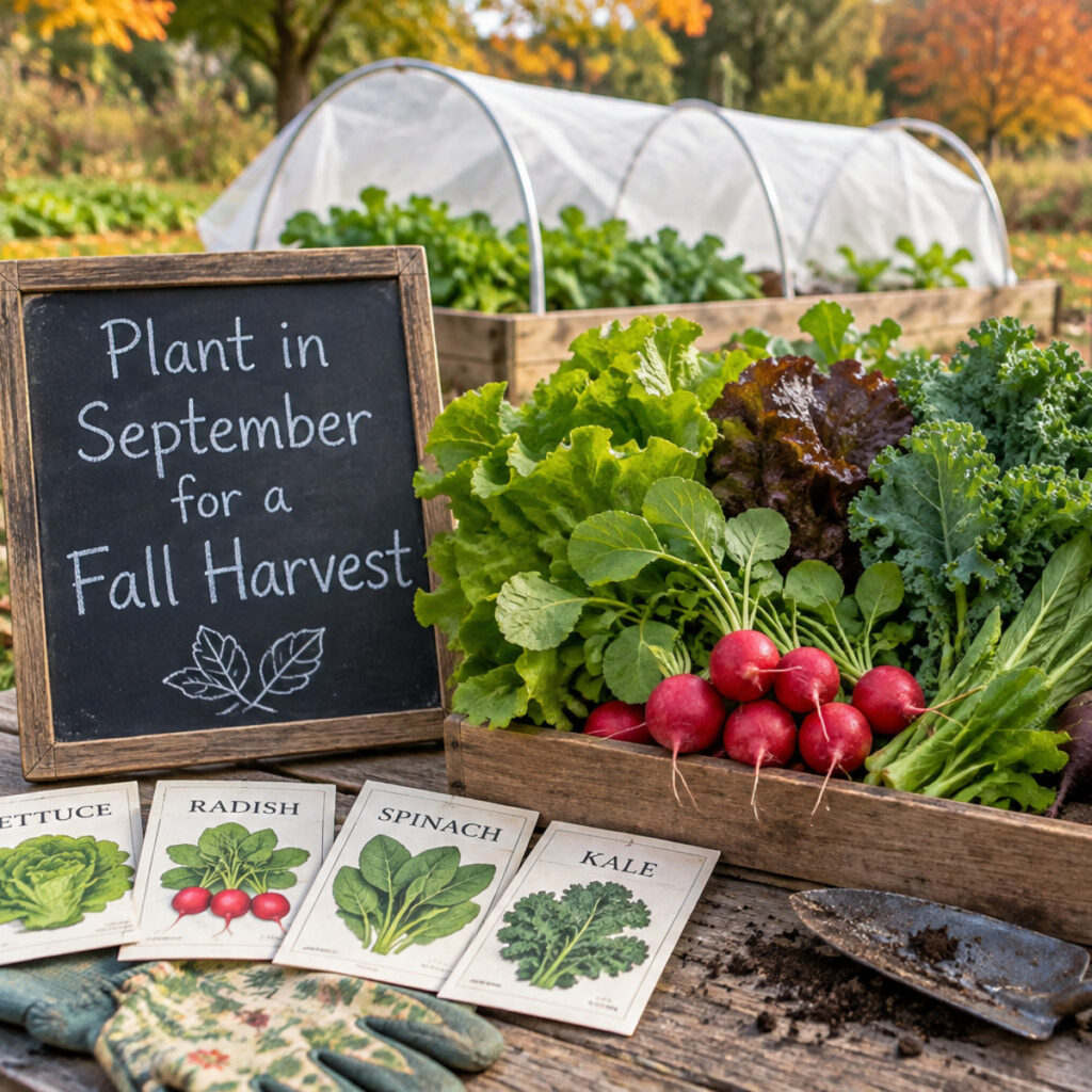 cool weather vegetables in front of a hoop house