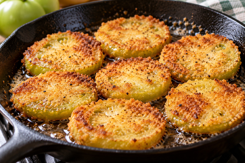 sizzing fried green tomatoes